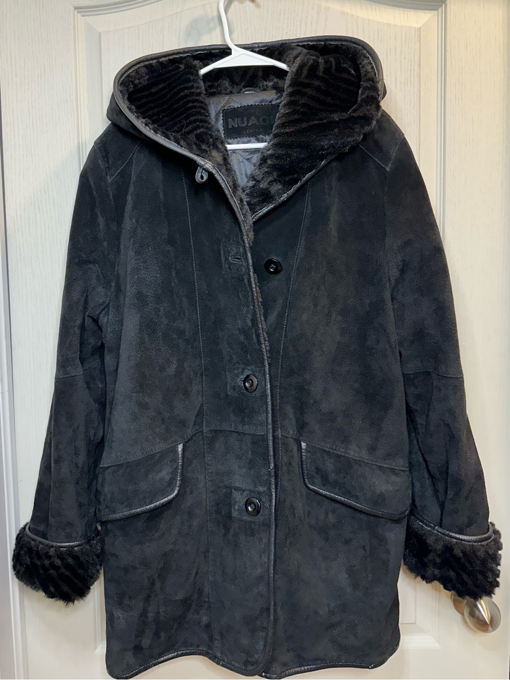 Vintage Y2K Nuage Black Suede Hooded Coat Fur Trim Gothic Whimsigoth 21”ptp
